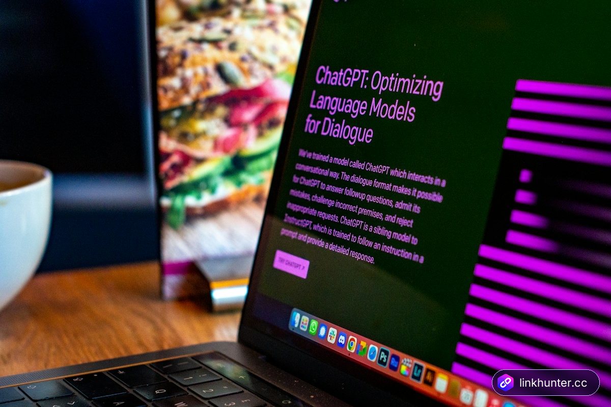 Laptop on a wooden desk showing the ChatGPT page, used here as an example of ChatGPT for link building