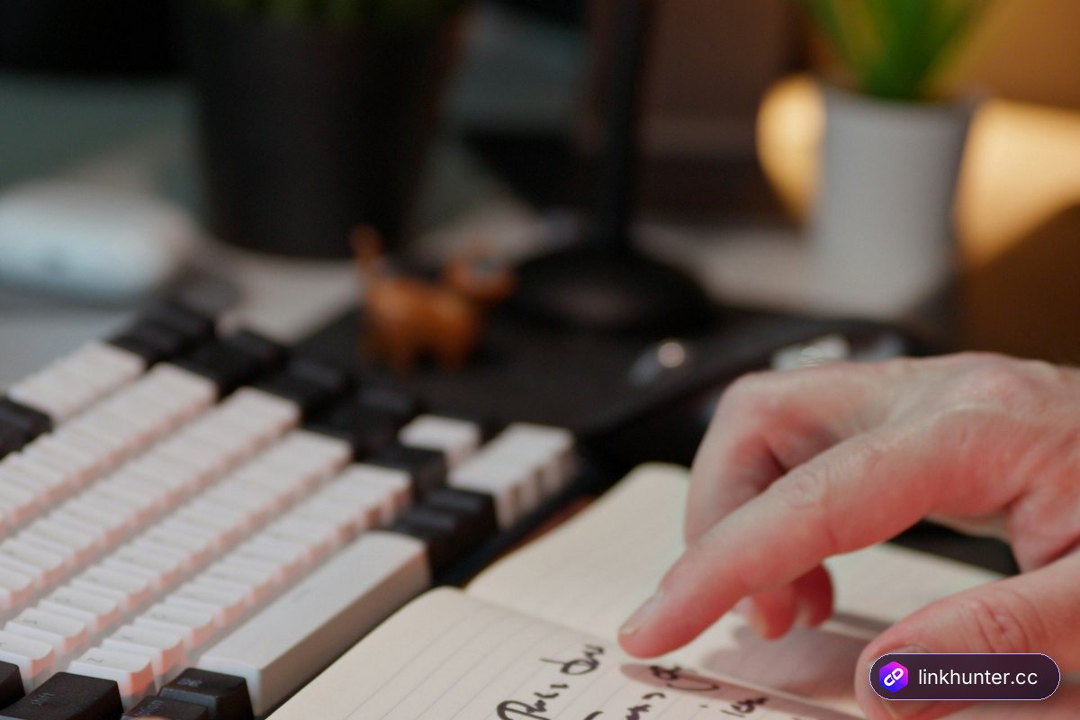 Person reviewing a handwritten checklist beside a keyboard while evaluating an AI link building tool