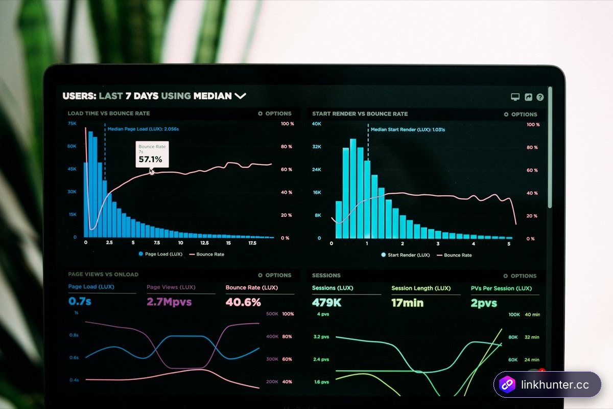 Laptop showing performance analytics graphs, the kind of reporting link building platforms provide