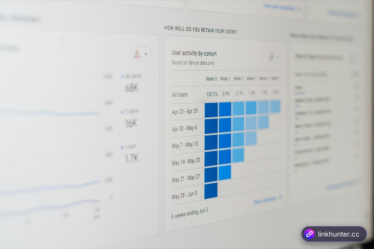 Close-up of an analytics dashboard on a monitor, similar to a backlink monitoring tool tracking links over time