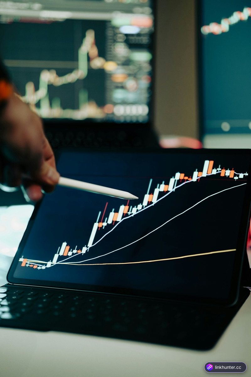 Person pointing at a rising chart on a tablet while reviewing link building budget results
