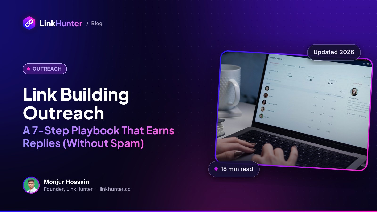 Link Building Outreach: A 7-Step Playbook That Earns Replies (Without Spam) (LinkHunter blog cover)