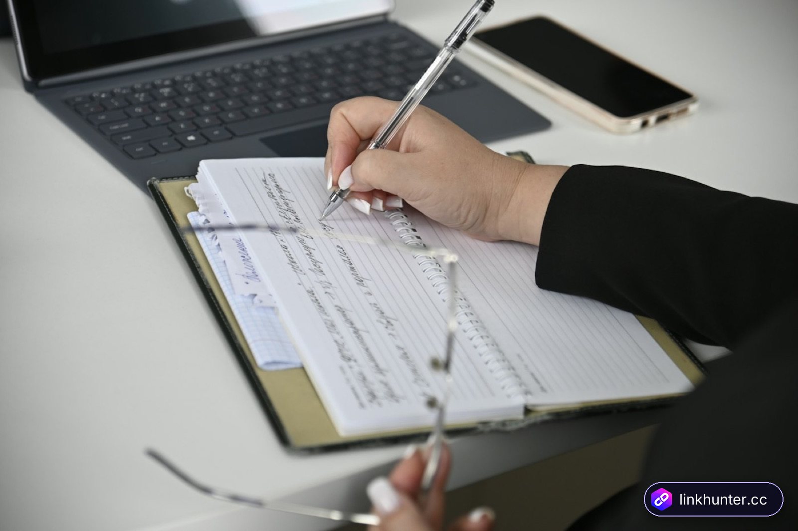 Person drafting a short backlink outreach email in a notebook next to a laptop