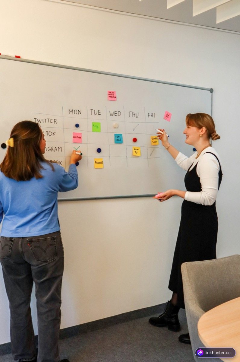 Two marketers planning a weekly outreach and follow-up schedule on a whiteboard with sticky notes